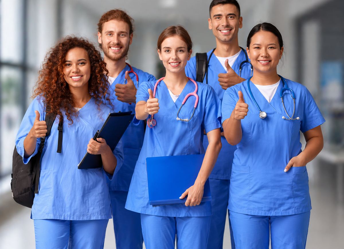 Smiling nursing students in blue scrubs giving a thumbs up after passing their exams